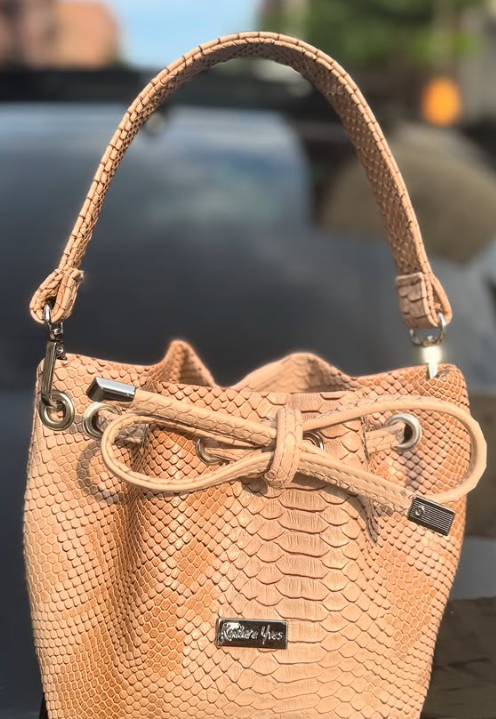 Tan snake skin mini drawstring bucket bag with shoulder strap — Kouture Yves